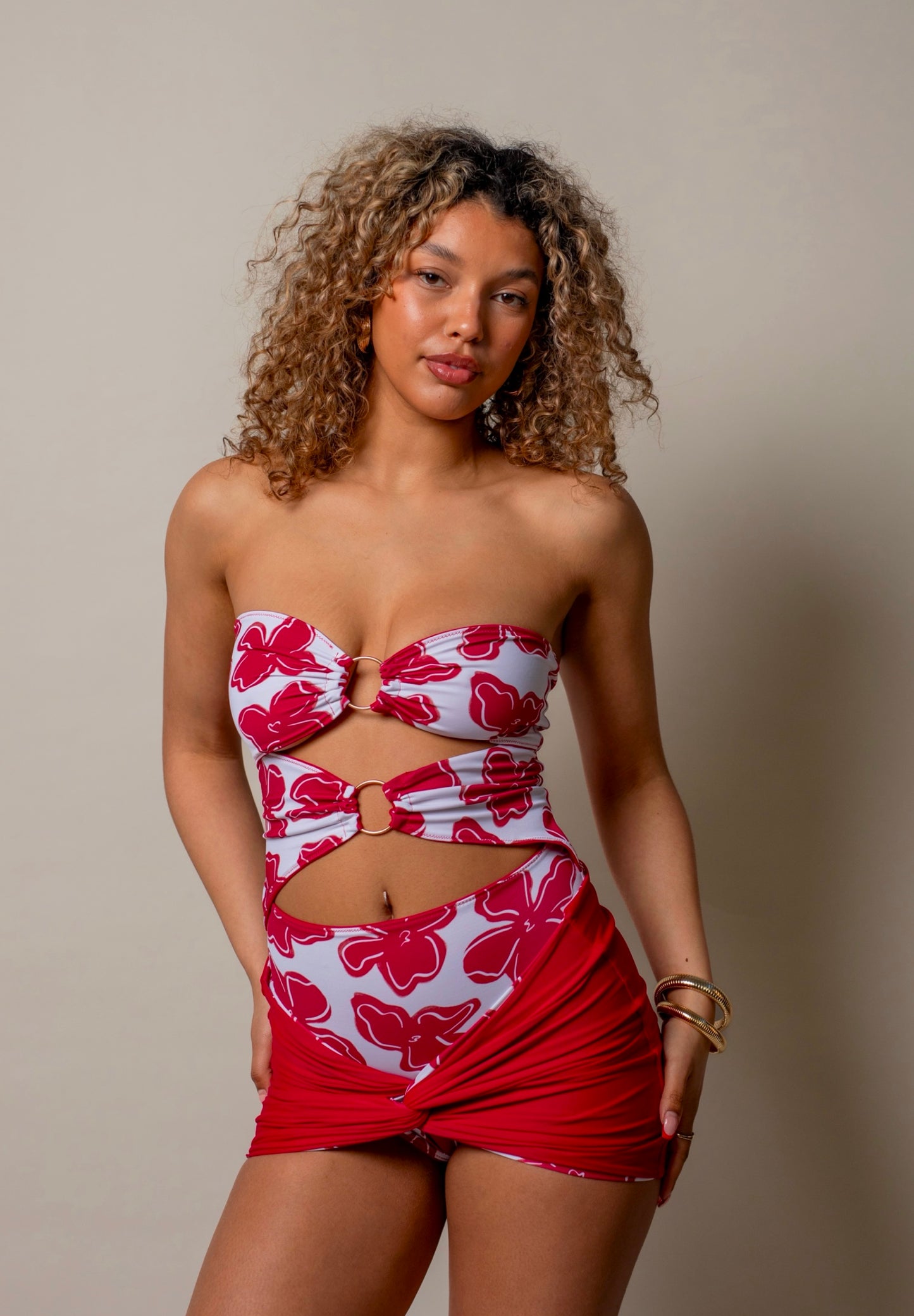 Sun-kissed Reversible O Ring Swimsuit - Wine/Print