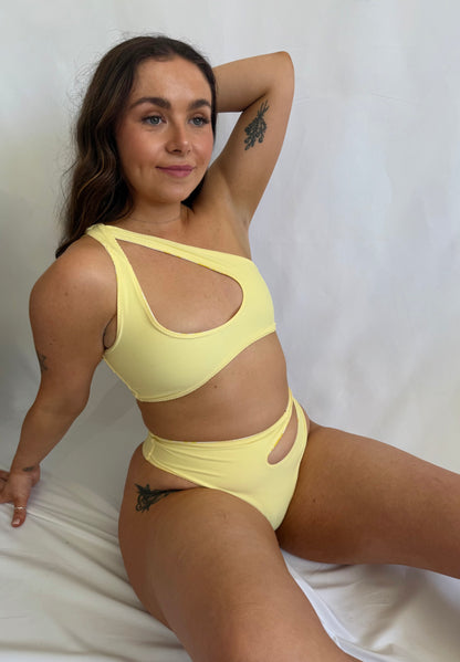 Always Salty Reversible One Shoulder Bikini Top - Lemon Peony / Yellow