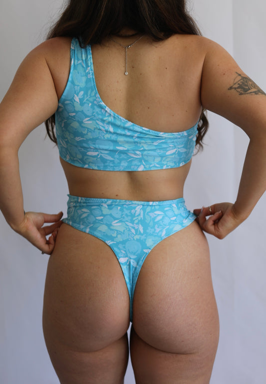 Sandy Cheeks Reversible Thong Cut Out Bikini Bottoms - Aqua Bloom / Blue