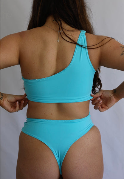 Always Salty Reversible One Shoulder Bikini Top - Aqua Bloom / Blue