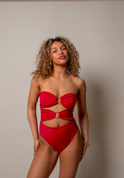 Sun-kissed Reversible O Ring Swimsuit - Wine/Print