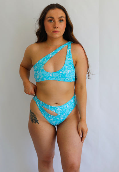 Always Salty Reversible One Shoulder Bikini Top - Aqua Bloom / Blue