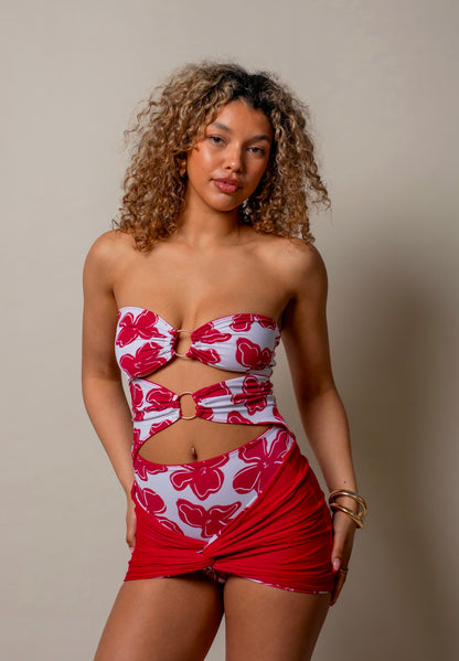Sun-kissed Reversible O Ring Swimsuit - Wine/Print